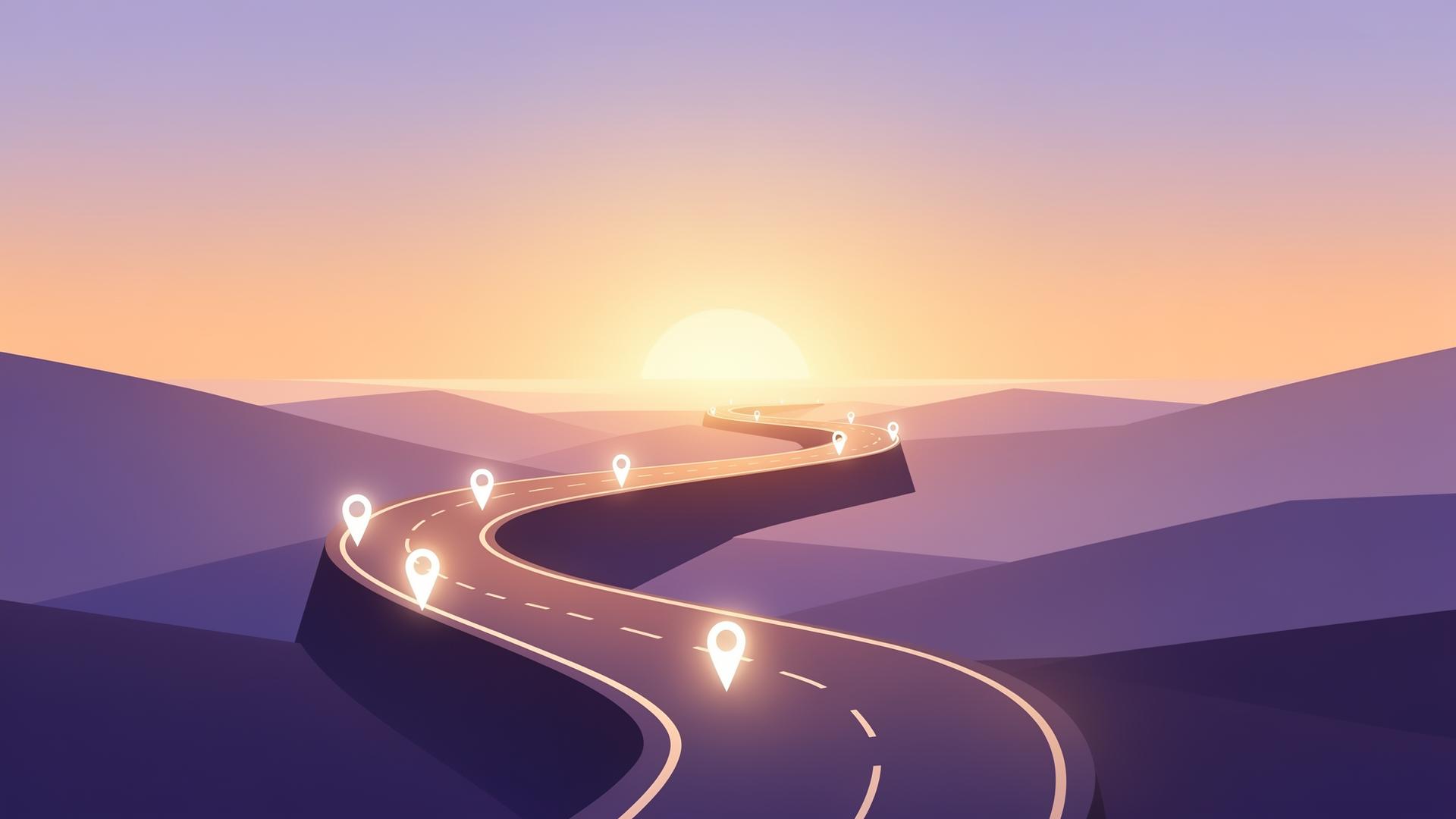 Abstract roadmap illustration with glowing waypoints and a sunrise horizon