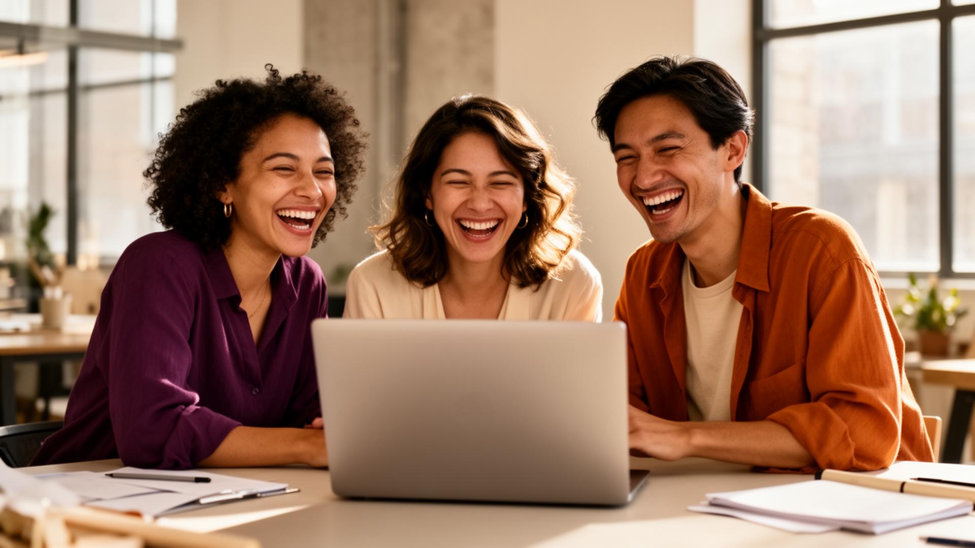 Happy creative team laughing while reviewing email signatures